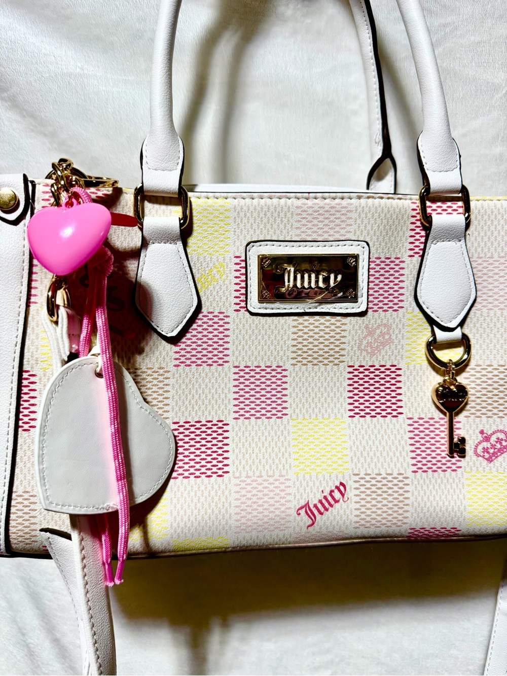 Juicy Couture White Satchel with Pink & Yellow Plaid Accents